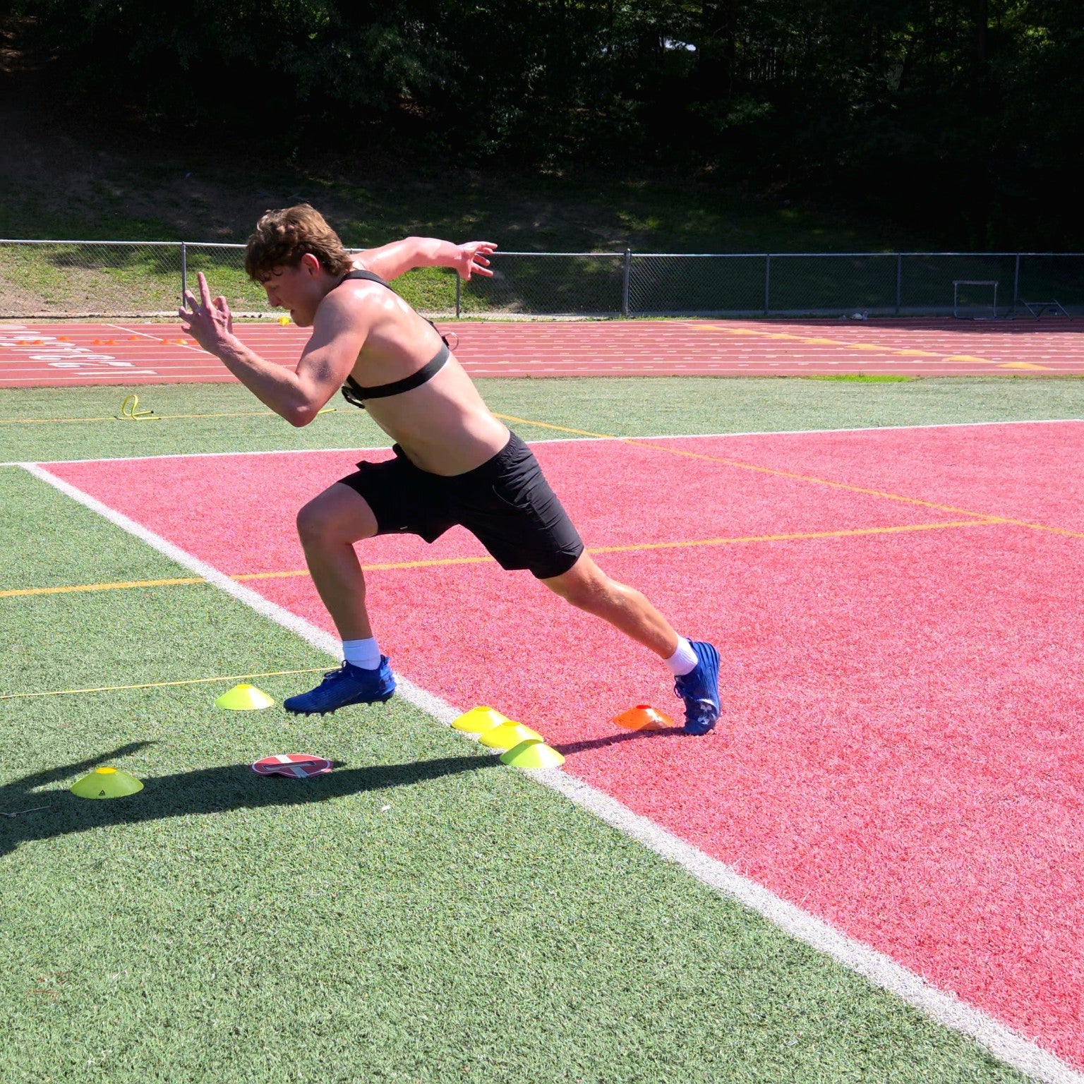 SPRINT DRILL athlete using custom acceleration pattern cone setup